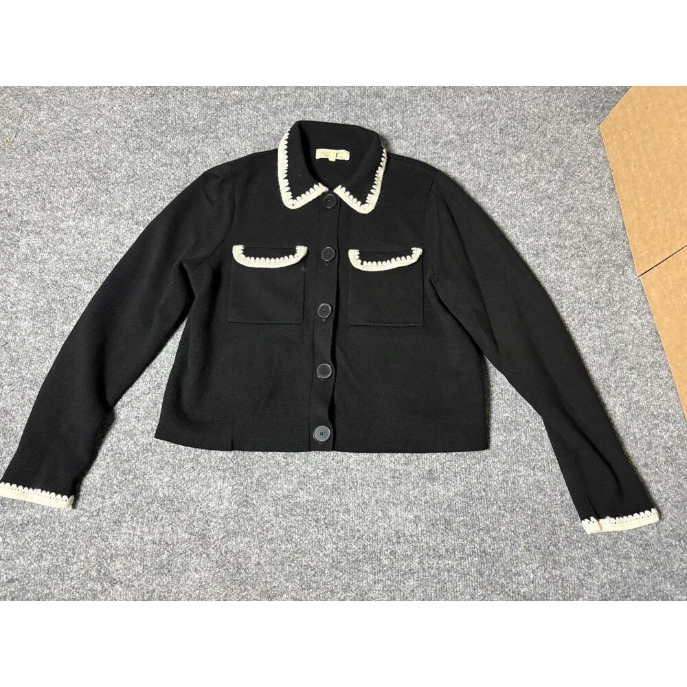 Sezane Sweater Womens M Black 100% Merino Wool Collared Button Cardigan Pockets